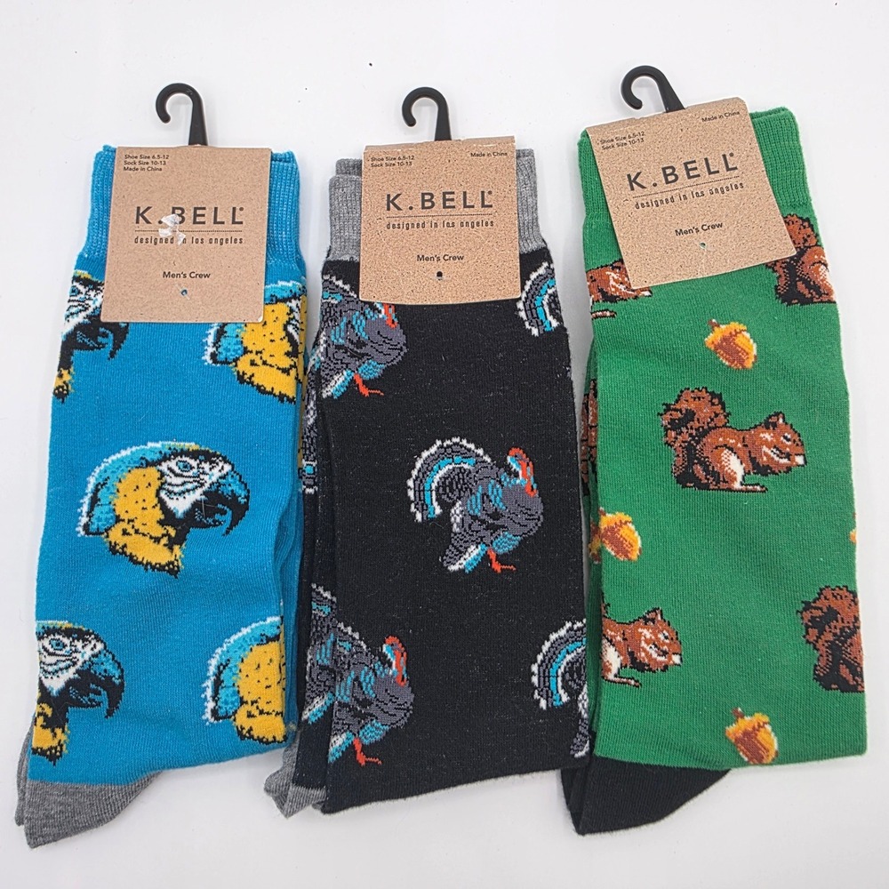 K. Bell mens 6.5-12 crew socks‎ parrott macaw turkey bird squirrel colorful